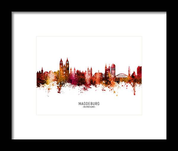 Magdeburg Framed Print featuring the digital art Magdeburg Germany Skyline #09 by Michael Tompsett