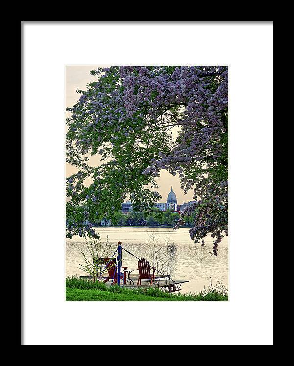 Monona Framed Print featuring the photograph Magnificent Monona Bay Morning - Wisconsin capitol with flowering cherry at Lake Monona by Peter Herman