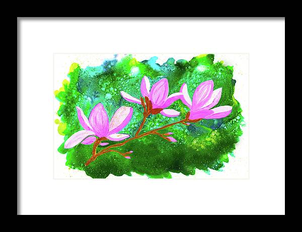 Magnolia Tree Framed Print featuring the painting Magnolia Blossoms Against an Abstract Background Alcohol Ink Art Print by Deborah League