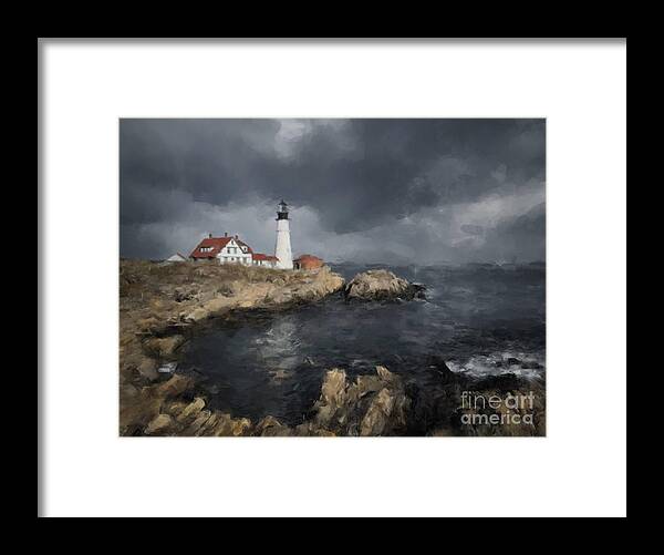  Framed Print featuring the painting Maine Lighthouse Passing Storm by Gary Arnold