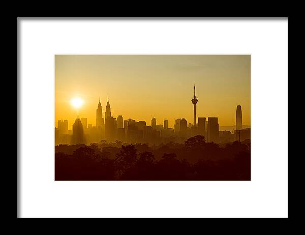 Corporate Business Framed Print featuring the photograph Majestic sunrise view over downtown Kuala Lumpur. by Shaifulzamri