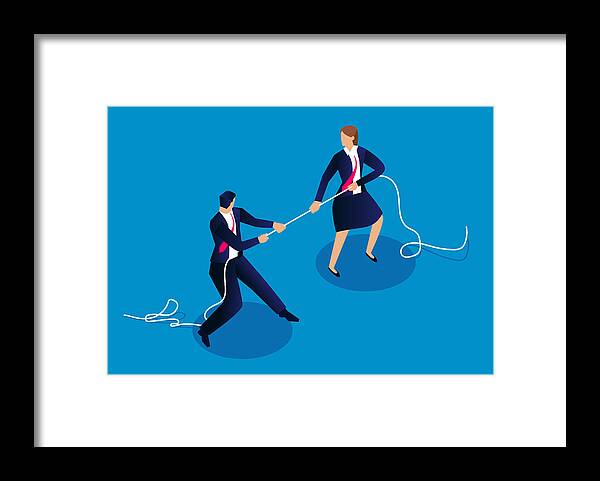 Problems Framed Print featuring the drawing Male businessmen and businesswomen tug of war, competition between men and women by Sesame