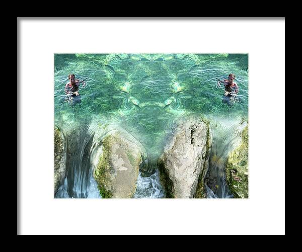Flow Framed Print featuring the digital art Man Swimming In Crystal Clear Water Is Falling Into A Waterfall, by Flavio Vieri