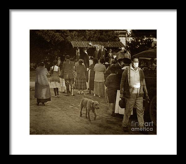 Man Framed Print featuring the photograph Man waring face mask waking down Ocean Avenue with Pal the Carmel Dog 1918 by Monterey County Historical Society