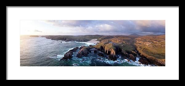 Panorama Framed Print featuring the photograph Mangersta Coast Aerial Isle of Lewis Outer Hebrides Scotland by Sonny Ryse