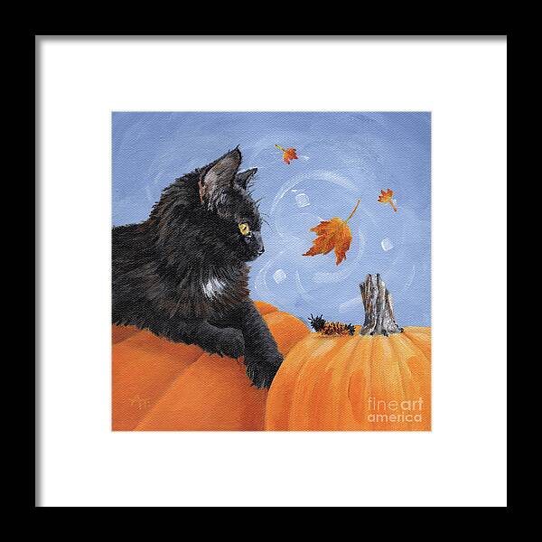 Cat Framed Print featuring the painting Mango and Caterpillar - Black Cat with Pumpkin Painting by Annie Troe