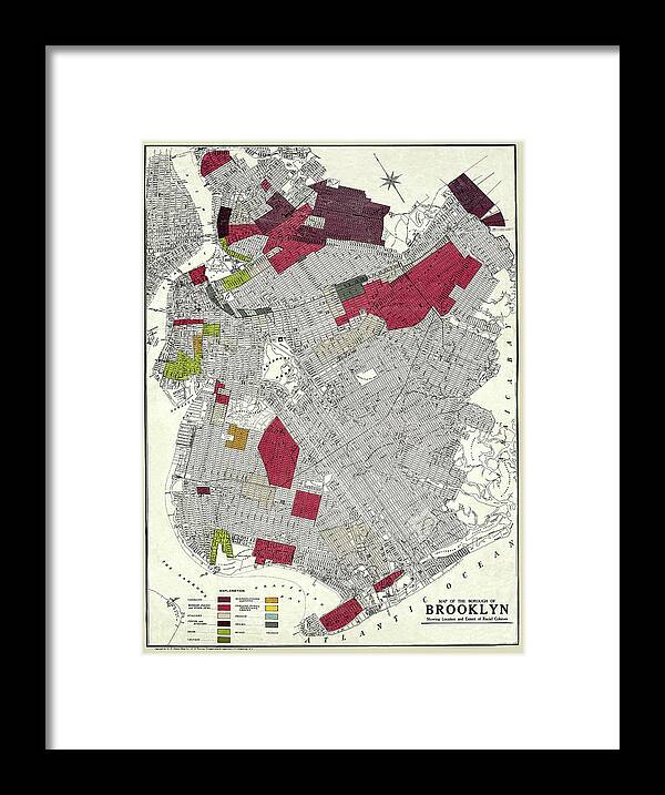 Brooklyn Framed Print featuring the photograph Map of of Brooklyn NY showing ethnic and racial neighborhoods 1920 by Phil Cardamone