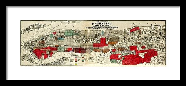 New York City Framed Print featuring the photograph Map of of Manhattan showing ethnic and racial neighborhoods 1920 by Phil Cardamone