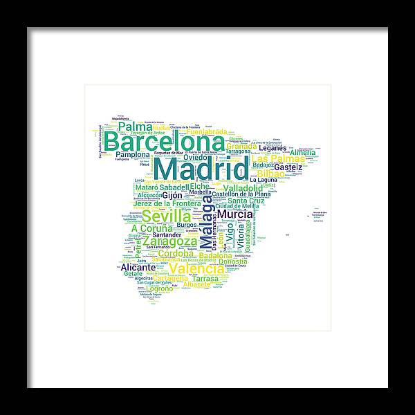 Spain Map Framed Print featuring the digital art Map of Spain with Word Cloud of City Names by Alexios Ntounas