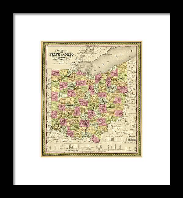 Map Framed Print featuring the photograph Map of the state of Ohio 1850 by Phil Cardamone