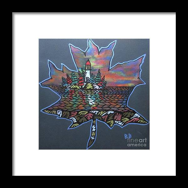 Maple Leaf Canada Lighthouse Landscape Mask Pillow Cushion Framed Print featuring the painting Maple Lighthouse by Bradley Boug