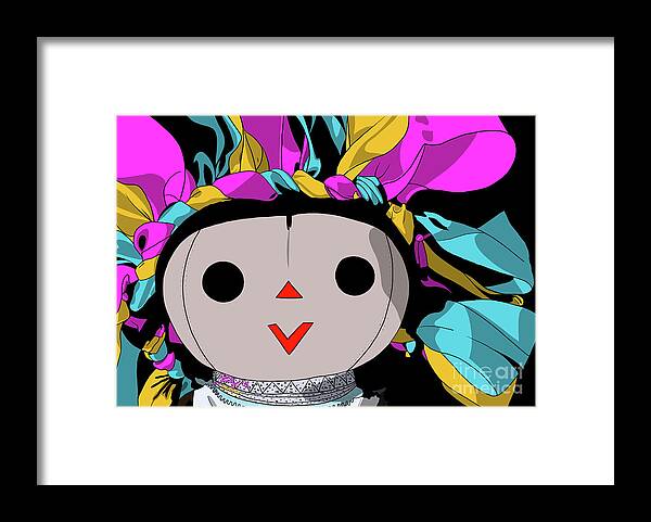 Mazahua Framed Print featuring the digital art Maria Doll yellow pink turquoise by Marisol VB