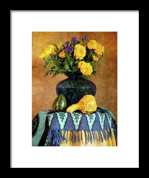 Still Life Framed Print featuring the photograph Marigolds and Gourds by Sandra Selle Rodriguez