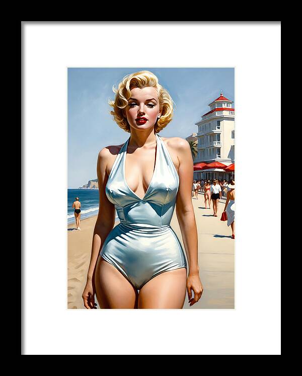 Woman Framed Print featuring the painting Marilyn Monroe at the beach by My Head Cinema