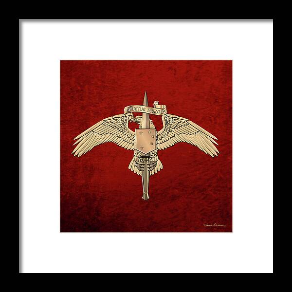 Military Insignia & Heraldry Collection By Serge Averbukh Framed Print featuring the digital art Marine Special Operator Insignia - USMC Raider Dagger Badge over Red Velvet by Serge Averbukh
