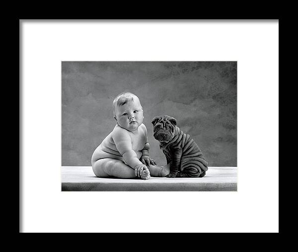 Black & White Framed Print featuring the photograph Mark and a Shar-Pei Puppy by Anne Geddes