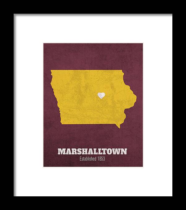 Marshalltown Framed Print featuring the mixed media Marshalltown Iowa City Map Founded 1853 Iowa State University Color Palette Canvas Print by Design Turnpike