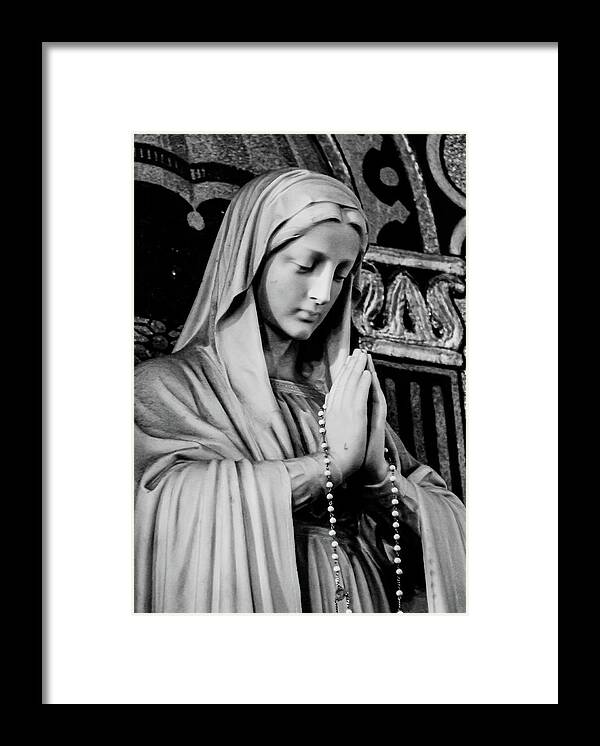 Mary Statue Church Rosary B&w Framed Print featuring the photograph Mary by John Linnemeyer