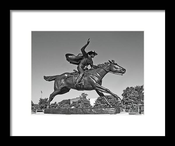 Masked Rider Statue In Bw Framed Print featuring the photograph Masked Rider Statue in BW by Mae Wertz