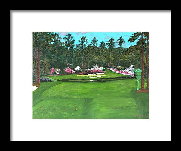 Ken Figurski Framed Print featuring the painting Masters 12th Hole Augusta Tee Shot Painting Puzzle by Ken Figurski