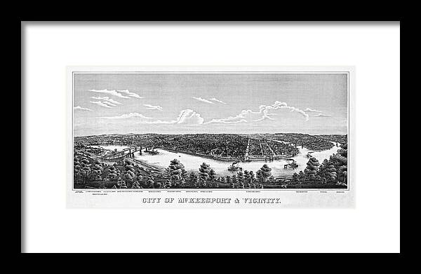 Mckeesport Framed Print featuring the photograph McKeesport Pennsylvania Vintage Map Birds Eye View 1893 Black and White by Carol Japp
