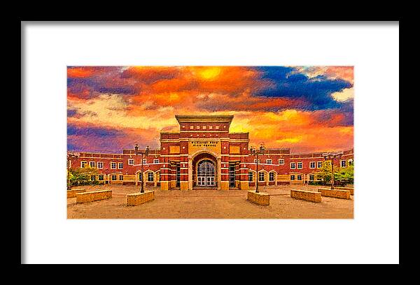 Mckinney Boyd High School Framed Print featuring the digital art McKinney Boyd High School at sunset - digital painting by Nicko Prints