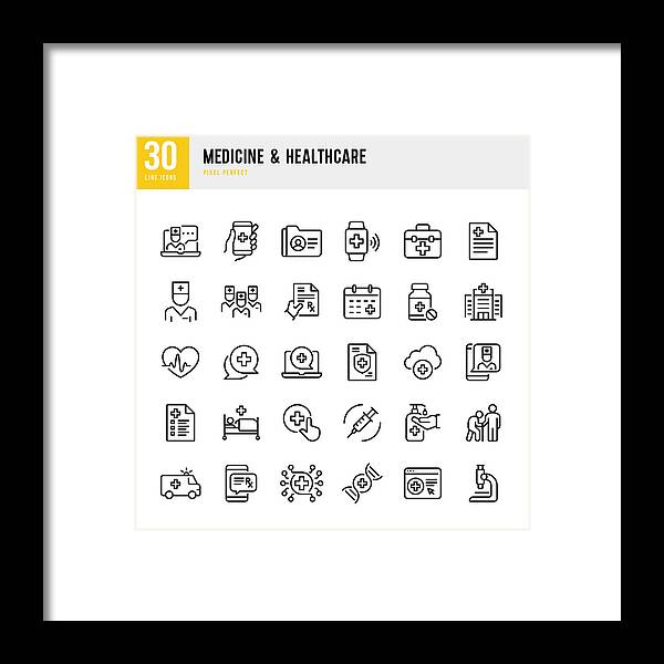 Ambulance Framed Print featuring the drawing Medicine & Healthcare - thin line vector icon set. Pixel perfect. The set contains icons: Telemedicine, Doctor, Senior Adult Assistance, Pill Bottle, First Aid, Medical Exam, Medical Insurance. by Fonikum
