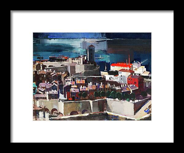Aba Novk Framed Print featuring the painting Mediterranean harbour town by Aba-Novak Vilmos - Hungarian painters by Aba-Novak Vilmos
