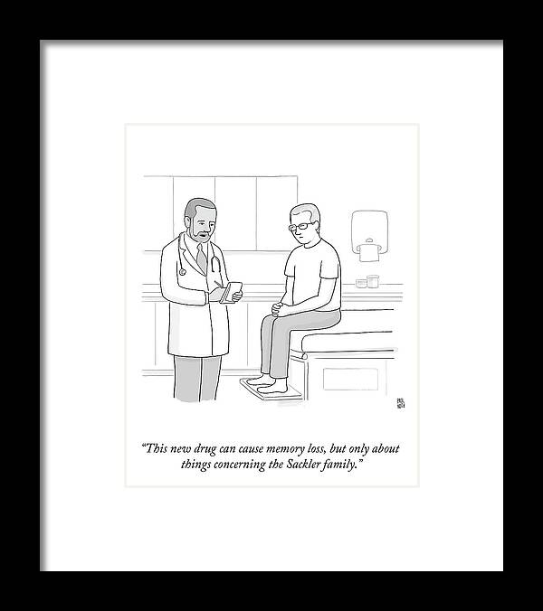 “this New Drug Can Cause Memory Loss Framed Print featuring the drawing Memory Loss by Paul Noth