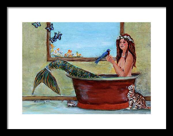 Mermaid Framed Print featuring the painting Mermaid in Bathtub Spring Mermaid Painting by Linda Queally by Linda Queally