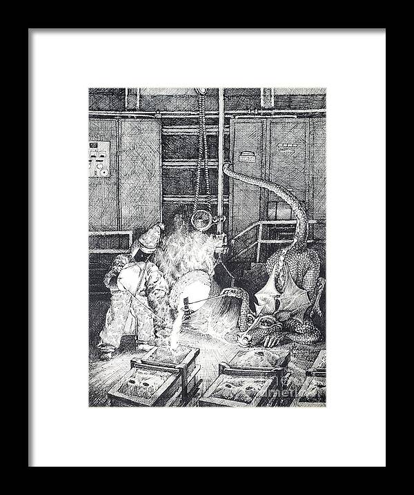 Industrial Age Framed Print featuring the drawing Metal Working Dragon by Merana Cadorette