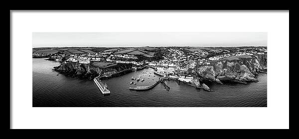 Coast Framed Print featuring the photograph Mevagissey fishing village harbour aerial cornwall coast england black and white panorama by Sonny Ryse