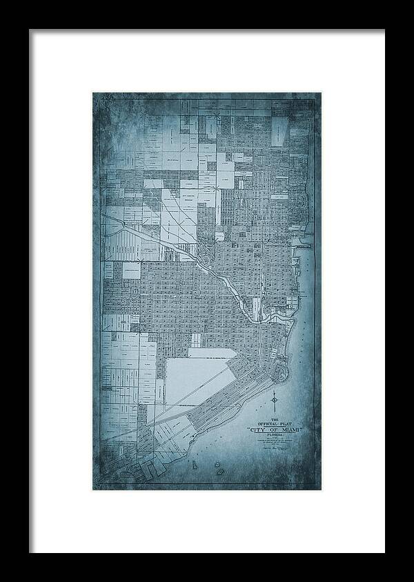 Miami Framed Print featuring the photograph Miami Florida Antique City Map 1918 Ocean Blue by Carol Japp