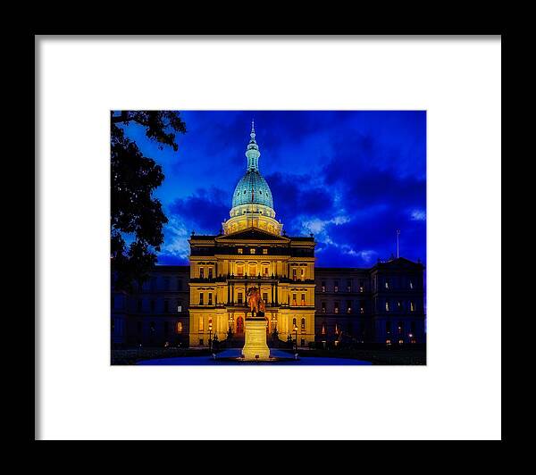 Michigan State Capitol Framed Print featuring the photograph Michigan State Capitol Building at Dusk by Mountain Dreams