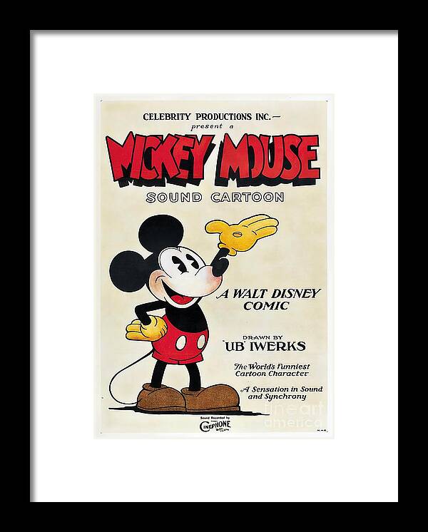 The First Mickey Mouse Cartoon By Disney Framed Print featuring the painting Mickey Mouse in Steamboat Willie Classic Disney Animation Poster from 1928 by Ub Iwerks