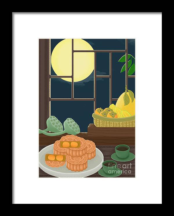 Moon Cakes Framed Print featuring the drawing Mid-Autumn Festival Moon Cake Illustration by Min Fen Zhu