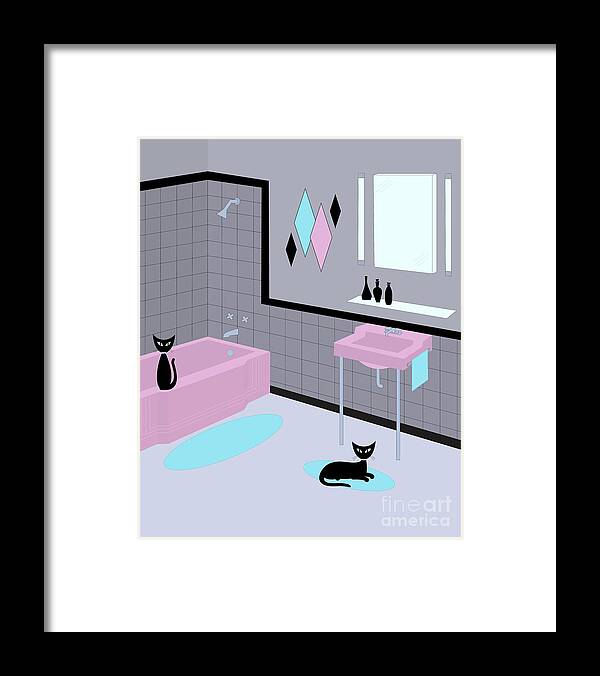 Mid Century Bathroom Framed Print featuring the digital art Mid Century Bathroom Pink and Aqua by Donna Mibus