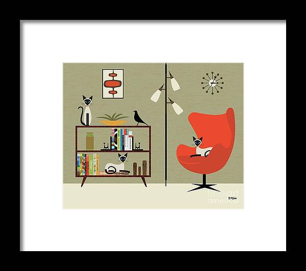 Mid Century Modern Framed Print featuring the digital art Mid Century Bookcase Room with Siamese by Donna Mibus