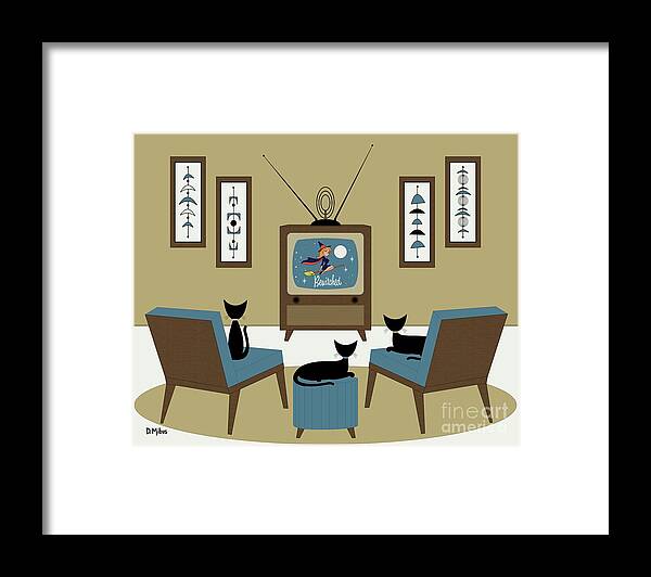 Cats Framed Print featuring the digital art Mid Century Cat Watching TV by Donna Mibus