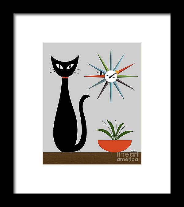 Mid Century Cat Framed Print featuring the digital art Mid Century Cat with Starburst Clock on Gray by Donna Mibus