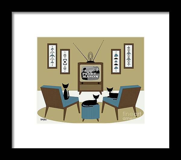 Mid Century Cat Framed Print featuring the digital art Mid Century Cats Watch Perry Mason Beige by Donna Mibus