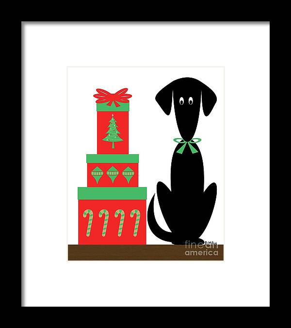 Mid Century Modern Framed Print featuring the digital art Mid Century Holiday Dog with Presents by Donna Mibus