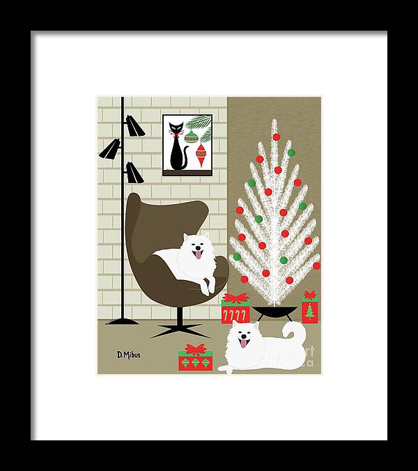 Mid Century Modern Framed Print featuring the digital art Mid Century Holiday Room with Two White Dogs by Donna Mibus