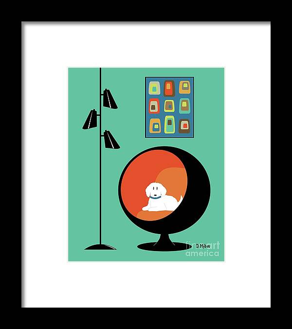 Mid Century Modern Framed Print featuring the digital art Mid Century Modern Ball Chair with White Dog by Donna Mibus