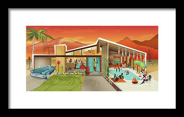 Mid Century Framed Print featuring the digital art Mid Century Modern House Tiki Party Sunset by Diane Dempsey