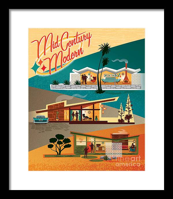 Mid-century Framed Print featuring the digital art Mid Century Modern Houses - Three Classics by Diane Dempsey