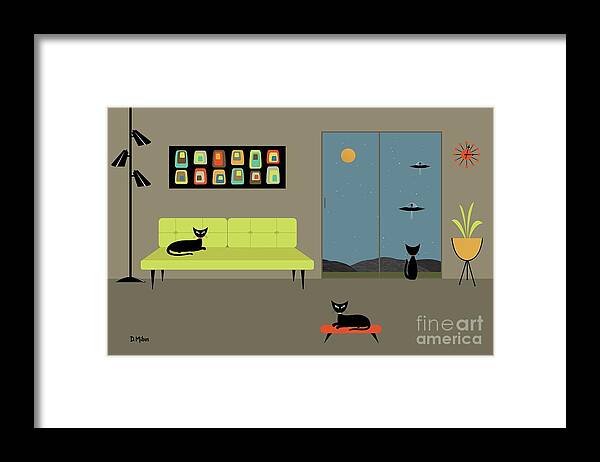 Mid Century Cat Framed Print featuring the digital art Mid Century Room with Concentric Oblongs by Donna Mibus