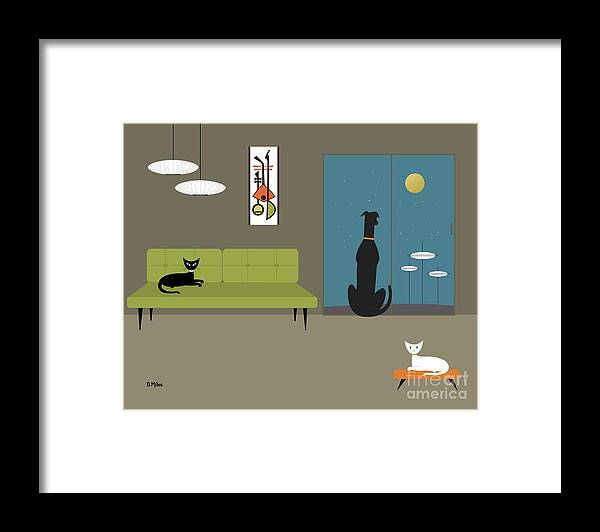 Mid Century Modern Framed Print featuring the digital art Mid Century Room with Dog and Cats by Donna Mibus