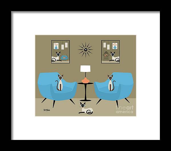 Siamese Cat Framed Print featuring the digital art Mid Century Room with Siamese Cats by Donna Mibus