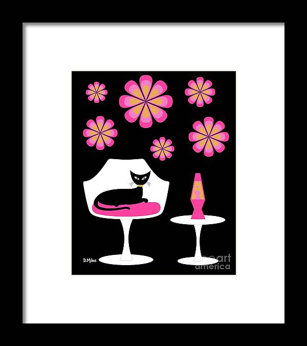 Mid Century Cat Framed Print featuring the digital art Mid Century Tulip Chair with Pink Mod Flowers by Donna Mibus